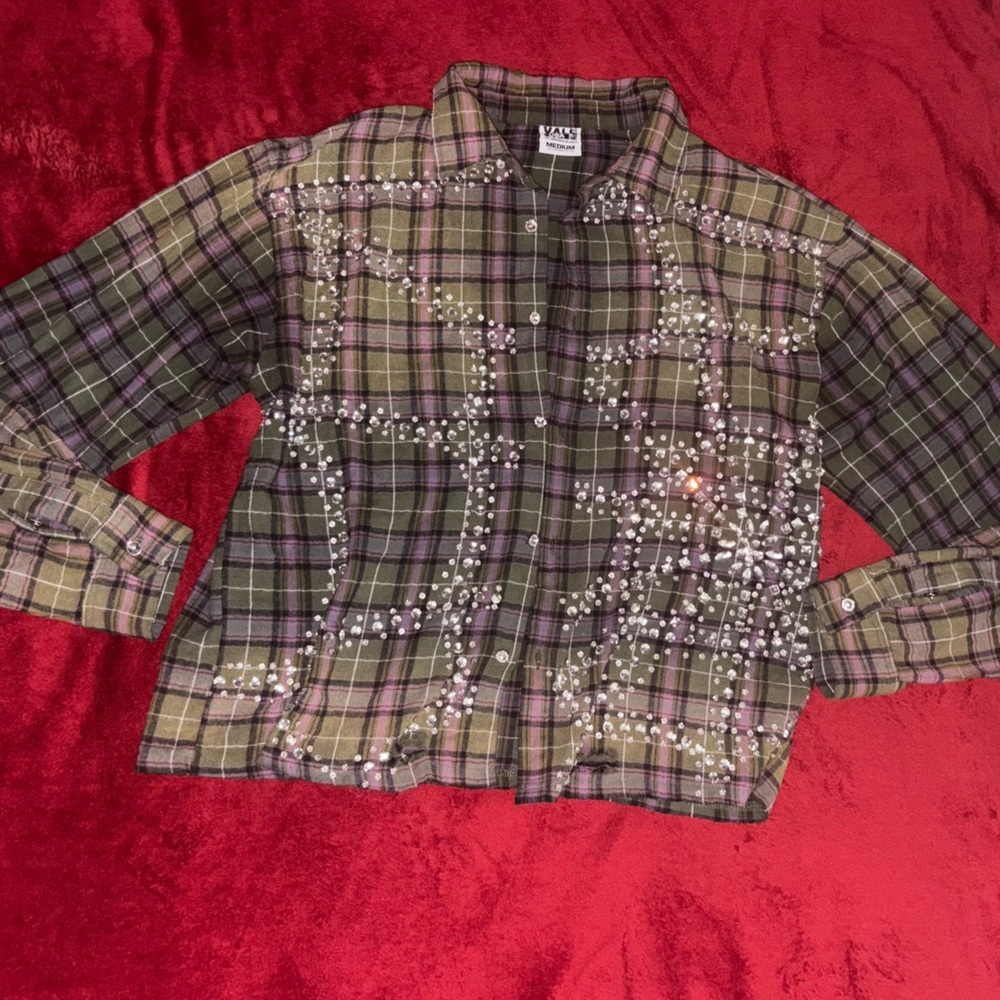 VALE Embellished Plaid Button-Up Shirt in Olive and Purple - Picture 3 of 8
